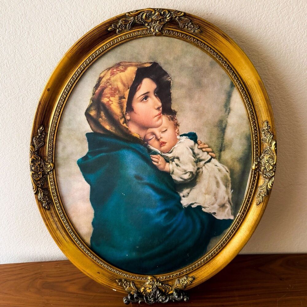 Vintage Madonna of the Streets Robert Ferruzzi Oval Convex Print Gilt Frame 22”